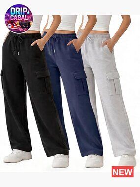 3 Pack Wide Leg Cargo Fleece Sweatpants 4 Pockets Relaxed Elastic Waist
